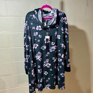 Vera Wang New Black Floral Lounge Hoodie Velour Sleepshirt Plus Size 2X Pockets